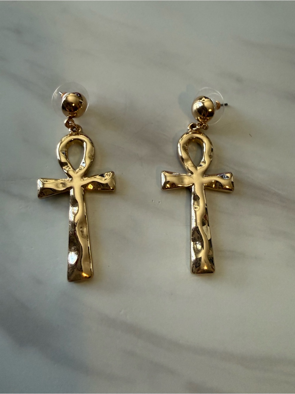 Egyptian Ankh Drop Earrings, Women’s 2” Gold Tone Hammered Metal Earrings